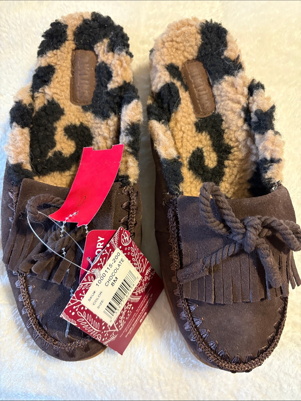 Muk Luks Brown Faux-Suede Kids Moccasin Slippers with Leopard Lining